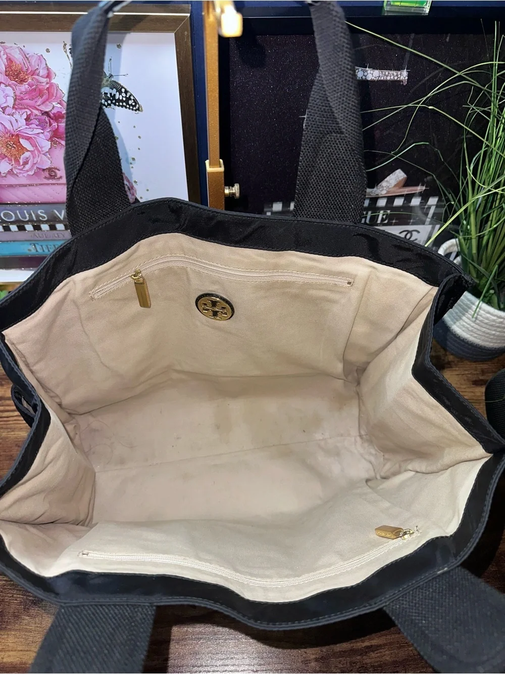 Tory Burch Ella Black Nylon Patent Trim Tote
